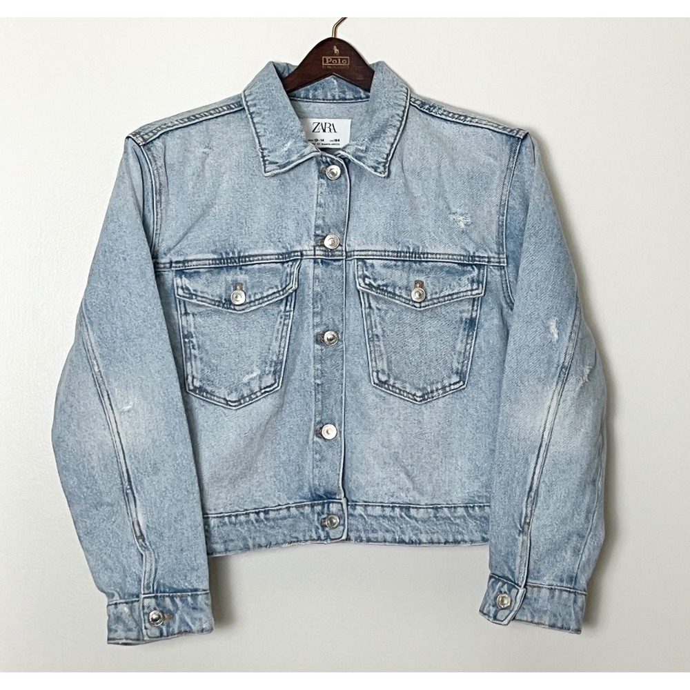 Zara Kids Jean Jacket Size 13-14 Blue Distressed Denim Trucker Stretch School